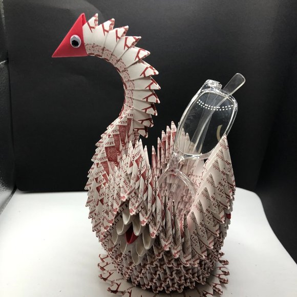 Origami PAPER Swan Basket White Red Accents Spring Easter Decor Folk Art Large - Picture 2 of 14